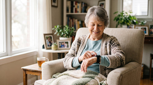 Femme senior souriante consultant sa montre connectée Vigyla